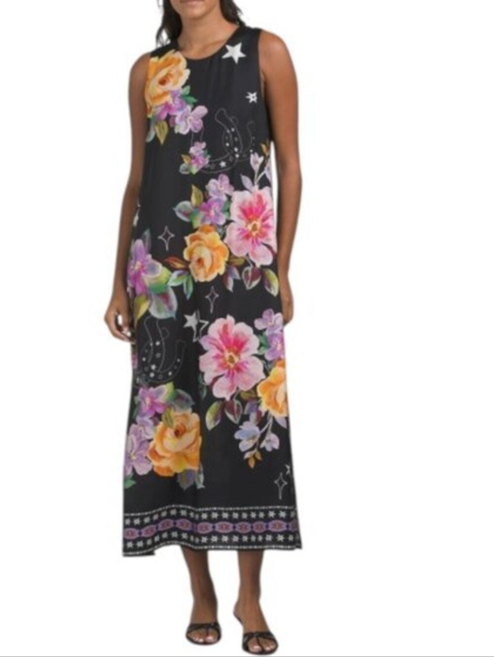 Johnny Was Karolina Black Silk Blend Dress with Pink, Yellow & Purple FloralNWOT
